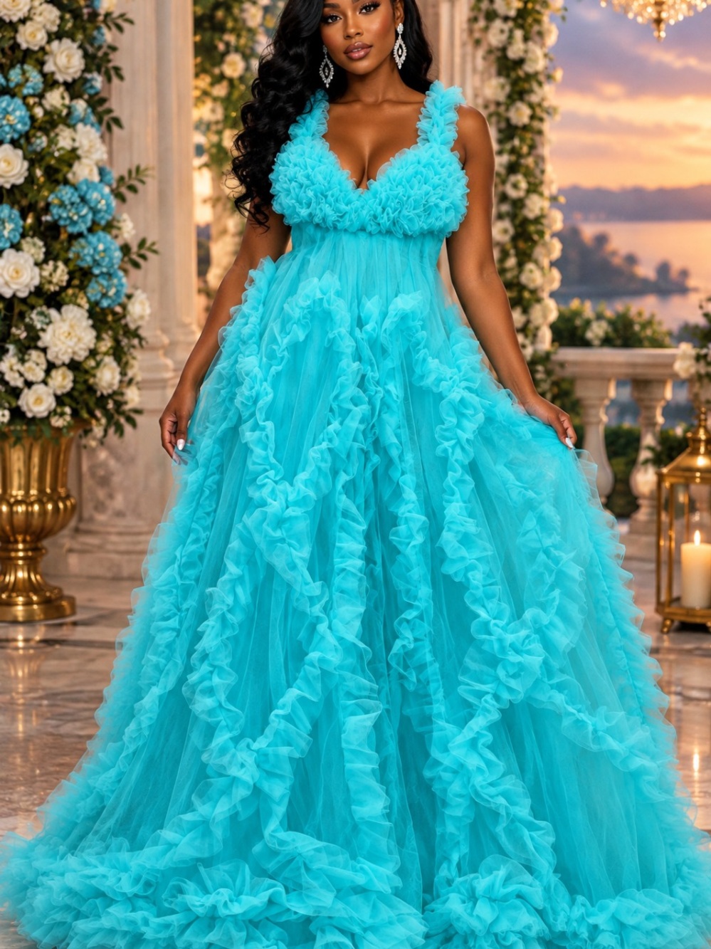 Ruffled Tulle Maxi Skirt - Aqua Blue
